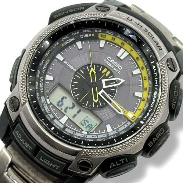 稼働 CASIO PROTREK 腕時計 電波ソーラー ブラック カシオ プロトレック PRW-5000T トリプルセンサー シルバー 登山 3645