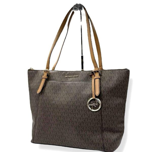 A4可 マイケルコース トートバッグ PVC ブラウン 総柄 チャーム Michael kors ハンドバッグ ビジネスバッグ MKロゴ 通勤 3652