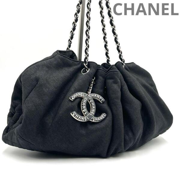 極美品 CHANEL シャネル メルローズカバス マトラッセ チェーン コットン ブラック 黒 チェーンショルダー トートバッグ