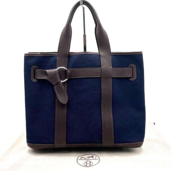 HERMES エルメス プティットサンチュール MM トートバッグ ネイビー 紺 キャンバス レザー ハンドバッグ