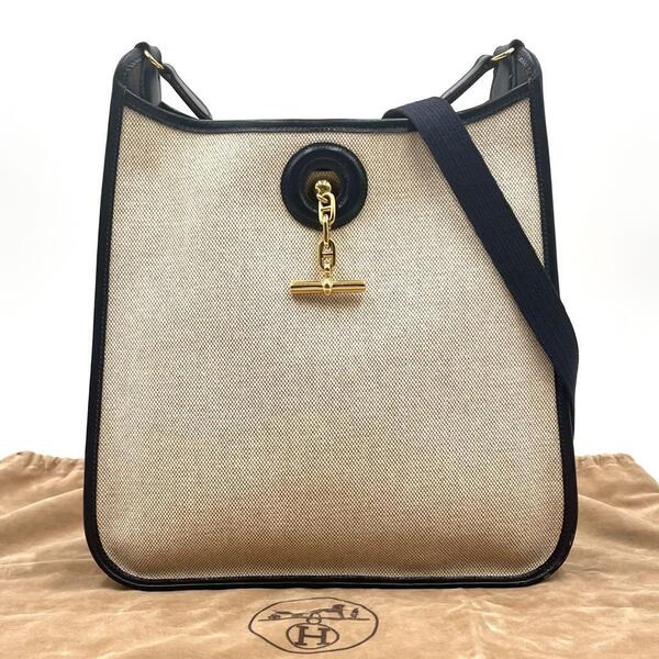 HERMES エルメス ヴェスパ ショルダーバッグ キャンバス ヴィンテージ ネイビー ゴールド アイボリー