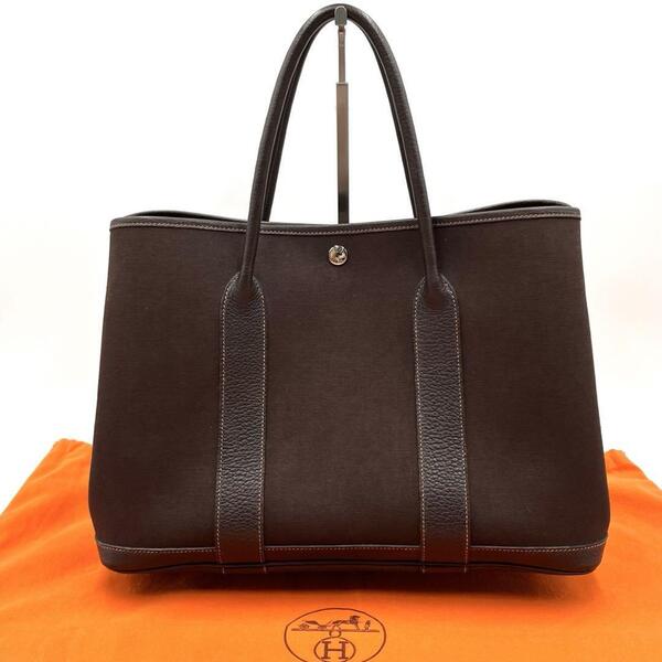 美品 HERMES エルメス ガーデンパーティ PM ブラウン トワル トートバッグ モカ キャンバス レザー