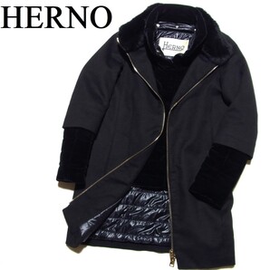 HERNO ヘルノ ベロア 切替 シルク カシミヤ レイヤード ファー 中綿 ダウン コート 40 黒 ブラック CA0335D