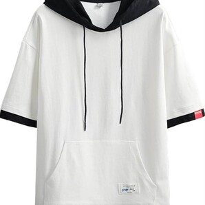 パーカー メンズ 五分袖 夏服半袖tシャツ レイヤード風 ゆったり 綿フード付き