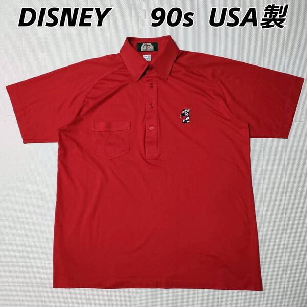 ■レア 希少 90s DISNEY PRO COLLECTION ディズニー MICKEY ミッキーマウス 半袖ポロシャツ ワンポイント刺繍 ゴルフ レッド 赤 M 90年代