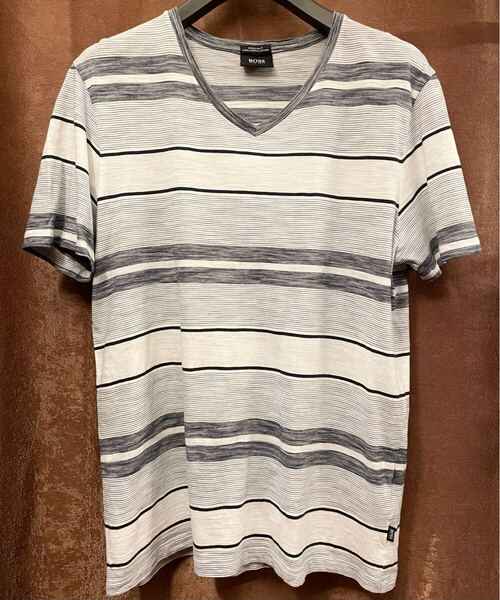 BOSS HUGO BOSS ボーダー柄 VネックTシャツ ホワイト×ネイビー Lサイズ ボス ヒューゴボス Tシャツ