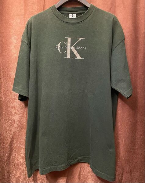 希少 MADE IN USA製 90s Calvin Klein Jeans ロゴプリントTシャツ ダークグリーン L/XLサイズ カルバンクライン アメリカ製 米国製