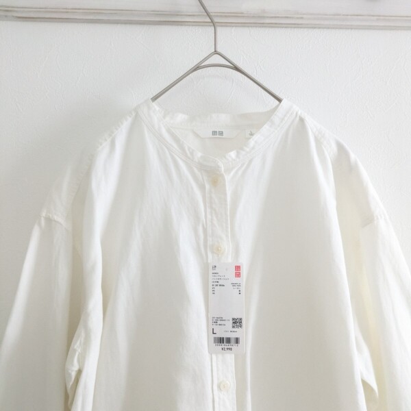 新品 ユニクロ リネンブレンドバンドカラーシャツ 七分袖 L オフホワイト