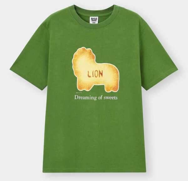 XXL 新品 たべっ子どうぶつ オーバーサイズTシャツ ギンビス GU ライオン ビスケット柄 5分袖 グリーン 緑 大きいサイズ 男性にも 送料無料