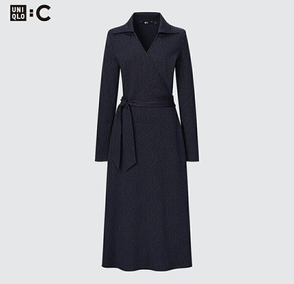 Sサイズ 新品 ユニクロ UNIQLO C プリントラップワンピース ネイビー 紺 クレア ワイト ケラー ドット カシュクールワンピース 送料無料