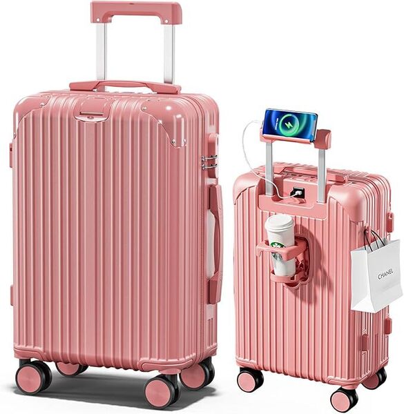 スーツケース 機内持ち込み USBポート付き カップホルダー付き 隠しフック機能 多機能 大型 超軽量 静音 Mサイズ (4~6泊) A699