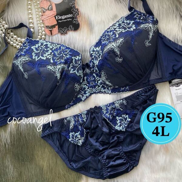 ラスト【G95/4L ネイビー】新品 ブラジャーショーツ パッド付き 刺しゅう 透けパンティ Gカップ 巨乳 女装 男性用ブラジャー 大きいサイズ