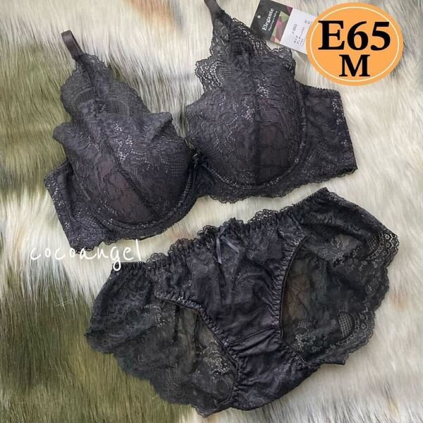 【E65M ダークグレー 上下セット】新品 ブラ&ショーツセット ブラジャー ショーツ パッド付き レース 透けパンティ グラマー Eカップ