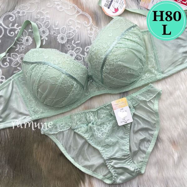 ラスト【H80-L グリーン 上下セット】新品 ブラ&ショーツ ブラジャーショーツ パッド内蔵 脇高 レースパンティ リボン 男性 女装 Hカップ