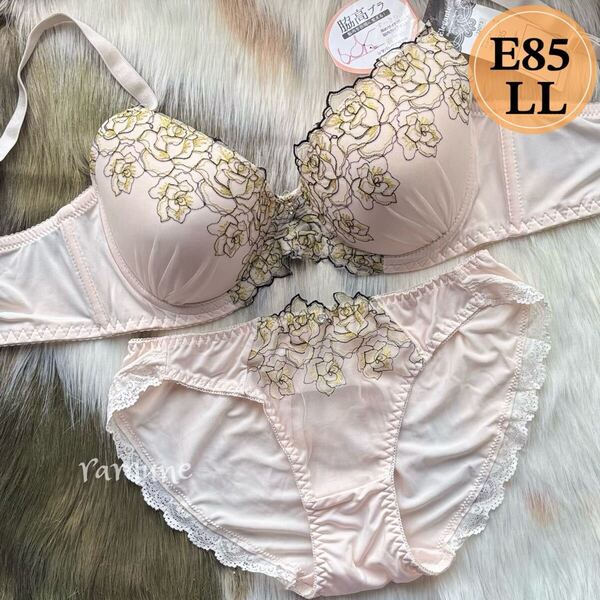 ラスト【E85/LL アイボリー】新品 ブラ&ショーツ ブラジャーショーツ 脇高 パッド付き バラ刺しゅう 薔薇 女装 男性 Eカップ 大きいサイズ