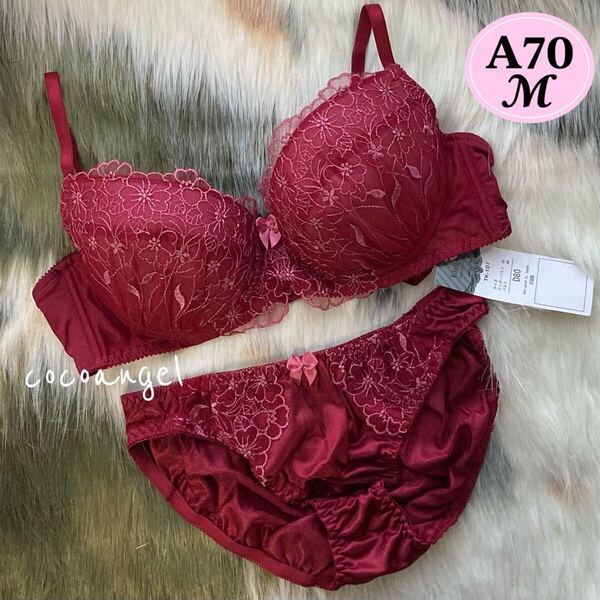 ラスト【A70/M レッド 上下】新品 ブラ&ショーツ ブラジャーショーツ パッド付き 花柄刺しゅう 透けパンティ 小さいサイズ 清楚 Aカップ