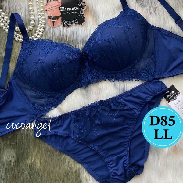 ラスト【D85LL ネイビー】新品 ブラジャーショーツ パッド付き バラ刺しゅう 薔薇 清楚 パンティ 大きいサイズ 女装 男性 XL Dカップ