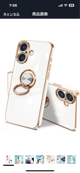 j119 iPhone 16 ケース リング 耐衝撃 360°回転 スタンド機能 車載ホルダー対応 レンズ保護 ストラップホール付き 6.1インチ (ホワイト)
