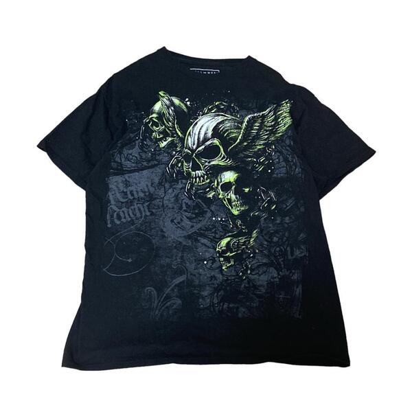 US古着 半袖Tシャツ スカル ドクロ トルネード ブラック 夏物古着i69 メンズL相当