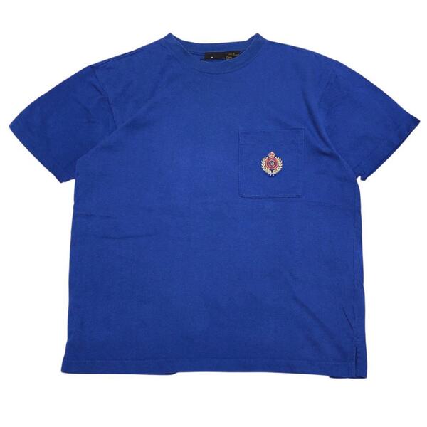 US古着 半袖Tシャツ 胸ポケット ロゴ刺繍 ブルー 夏物古着k91 L相当