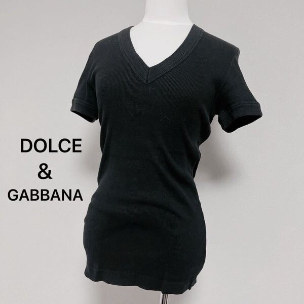 DOLCE&GABBANA ドルガバ ドルチェアンドガッバーナ イタリア製 Tシャツ 半袖 カットソー Vネック ブラック 無地 黒 リブ 7528FH