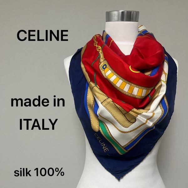 セリーヌ CELINE シルクスカーフ イタリア製 大判スカーフ ネイビー レッド 正方形スカーフ ハンドロール仕上げ a7619