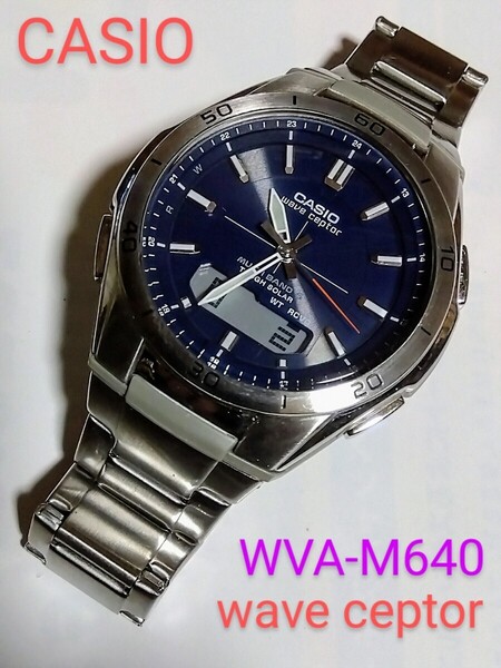 CASIO腕時計 wave ceptor WVA-M640 ソーラー電波アナデジ ネイビー 赤秒針 風防クリア 洗浄済 状態美品!