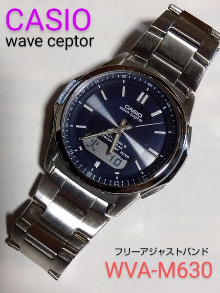 CASIO腕時計 wave ceptor WVA-M630 ソーラー電波アナデジ ネイビー 良好 フリー調整バンド説明コピー付 洗浄済