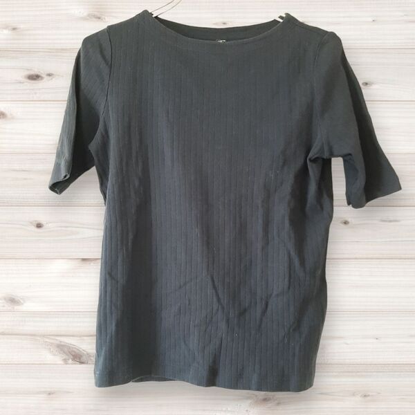 E0162 ユニクロ UNIQLO Tシャツ 半袖 カットソー (M) ストライプ 総柄 Uネック コットン 春夏