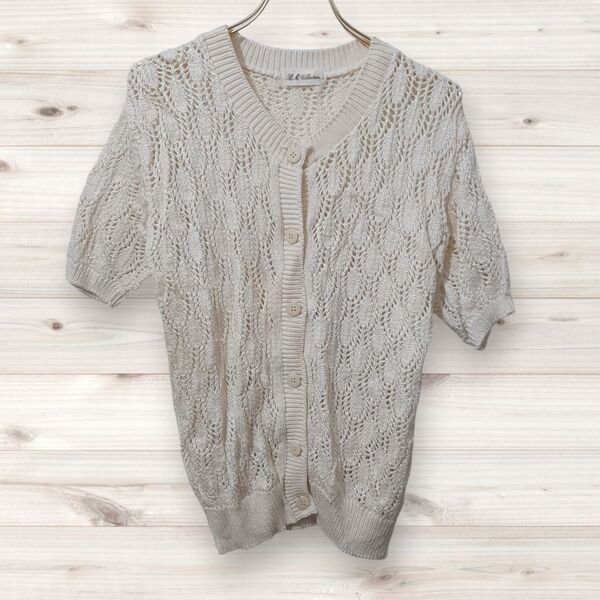 D0138 B.M collection ビーエムコレクション カーディガン 長袖 白 総柄 ノーカラー 春秋冬