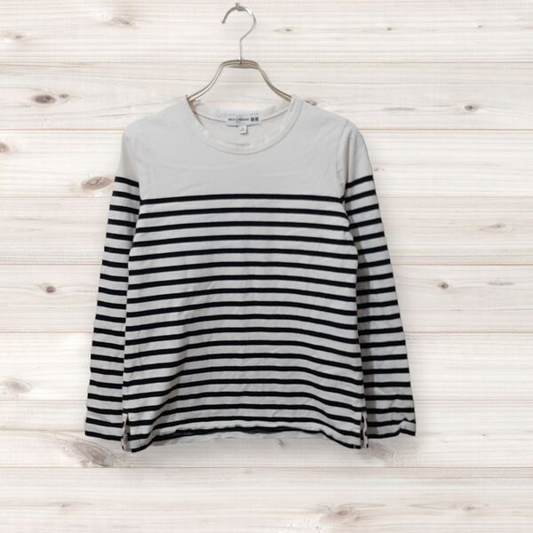 D0177 ユニクロ UNIQLO Tシャツ 長袖 ロンT (M) 白 ボーダー 総柄 Uネック 綿/コットン 春秋冬