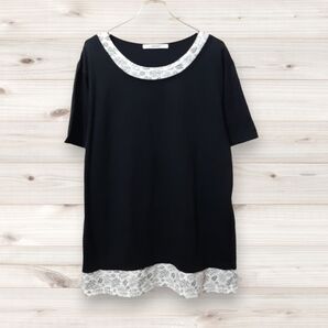 D0205 バンダッシュ VANDASH ブラウス 半袖 (LL XL) 黒 Uネック 柄もの 綿/コットン 春夏秋