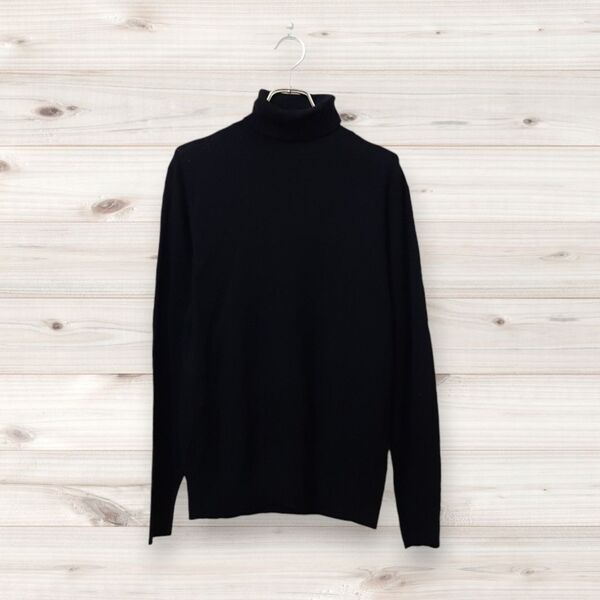 D0226 ユニクロ UNIQLO ニット セーター 長袖 (M) 黒 無地 タートルネック/ハイネック ウール 春秋冬