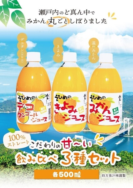 愛媛県産100%ストレート果汁あま~い!味比べ3種セットみかん、きよみ、デコタン(不知火)500㎜3種×12本入。