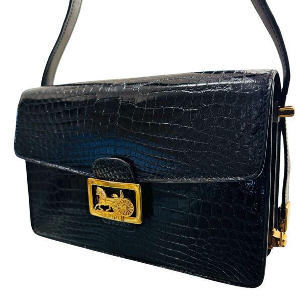 【美品】 CELINE セリーヌ ハンドバッグ クロコダイル レザー 馬車金具 ワンショルダー ショルダーバッグ ブラック レディース