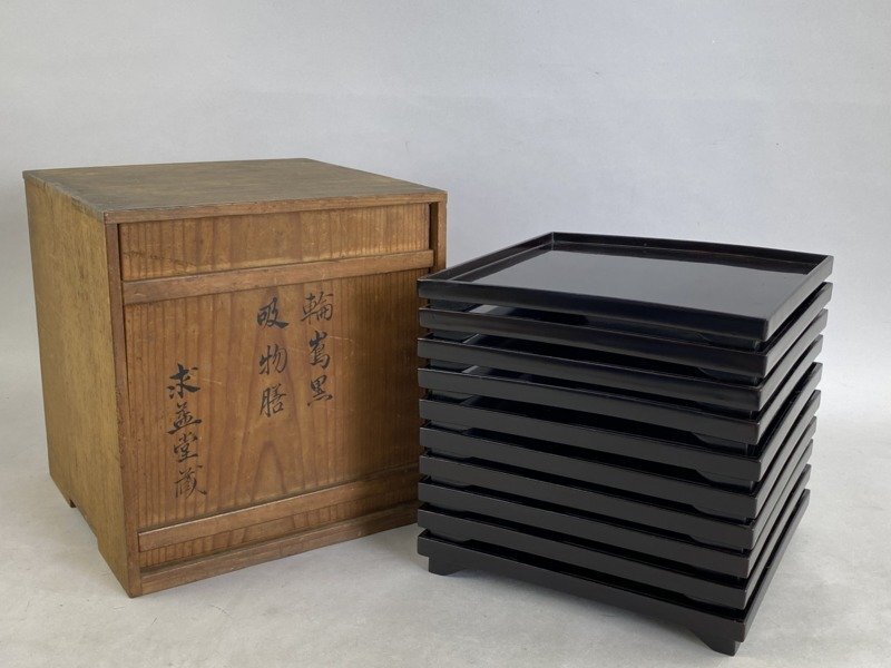 未使用 懐石道具 輪島塗 木製黒真塗 金梨地 波蒔絵 卓上膳 会席