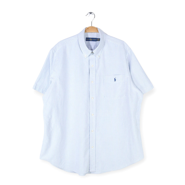 【送料無料】ラルフローレン オックスフォードシャツ ボタンダウン 半袖シャツ ポケット ブルーストライプ RALPH LAUREN メンズXL @CB1320