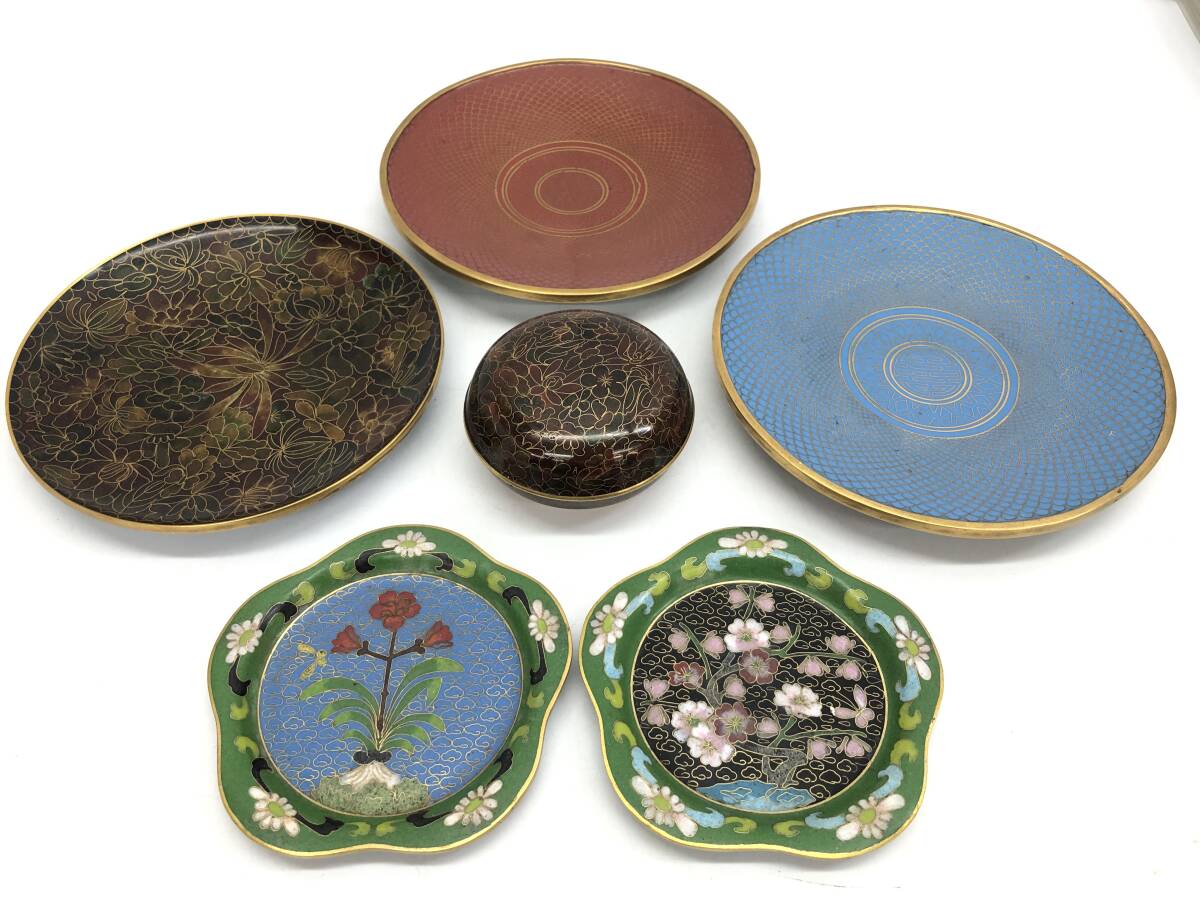 ♢中国美術工芸 薄胎磁 七宝焼 花木図 灰皿 アンティーク 骨董品