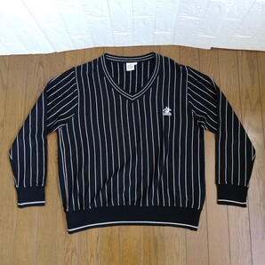 2016【中古】PLANET GOLF プラネットゴルフ ゴルフウェア 長袖Vネックセーター メンズサイズ LL 黒白ストライプ柄