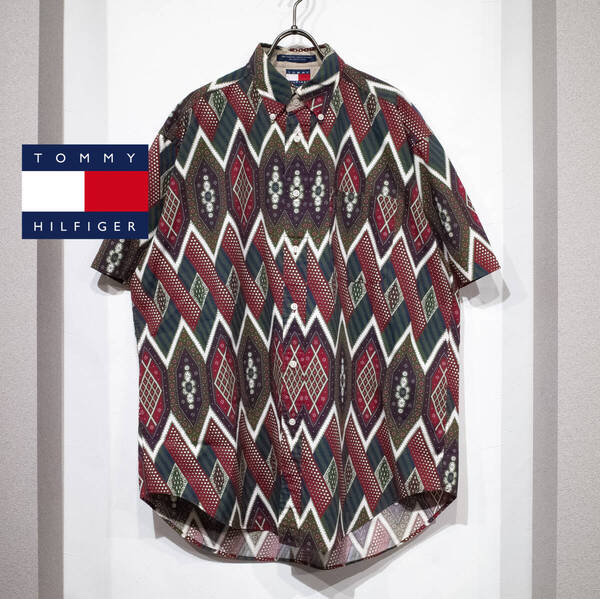 M / 90s TOMMY HILFIGER トミー・ヒルフィガー コットン 半袖シャツ ネイティブ トライバル バンダナ 総柄 緑 赤 希少 古着 フラッグタグ