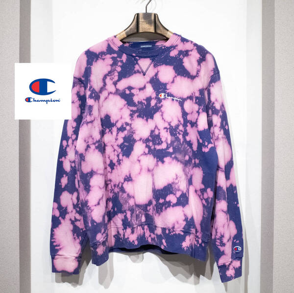 XL位 / CHAMPION チャンピオン ブリーチ加工 ネイビー ピンク クルーネック 丸首 スウェット ロゴ刺繍 ヘビーウェイト 古着 ストリート