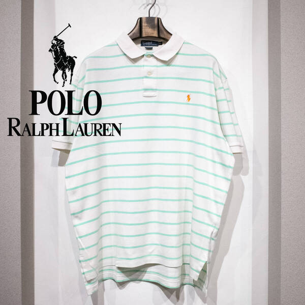 XL / POLO by RALPH LAUREN ポロ ラルフローレン 半袖 ポロシャツ ボーダー柄 ホワイト グリーン オレンジポニー 刺繍 古着 メンズ