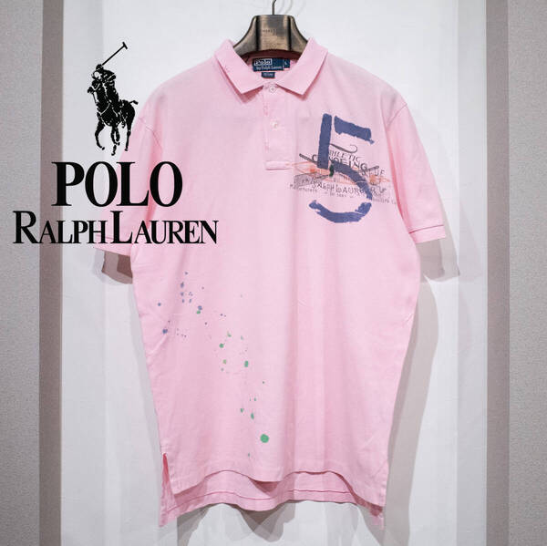 L / POLO RALPH LAUREN ラルフローレン 半袖 鹿の子 ポロシャツ ステンシル スプラッシュ ペンキ ペイント ピンク グリーンポニー刺繍 古着