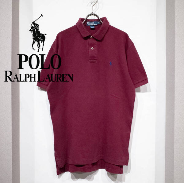 S / 90s POLO by RALPH LAUREN ポロ ラルフローレン EXCLUSIVE OF DECORATION 半袖 ポロシャツ ボルドー レッド ネイビーポニー 刺繍 古着