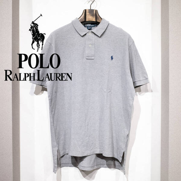 L / 90s POLO by RALPH LAUREN ポロ ラルフローレン EXCLUSIVE OF DECORATION 半袖 鹿の子 ポロシャツ グレー ネイビーポニー 刺繍 古着