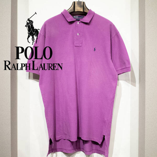 L / 90s POLO by RALPH LAUREN オールド ラルフローレン 半袖 鹿の子 ポロシャツ パープル ピンク ネイビーポニー 刺繍 古着 フェード