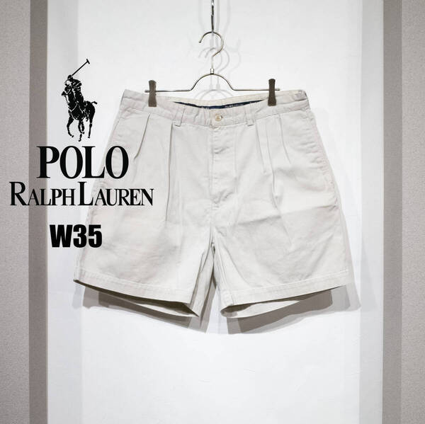W35 / 90s POLO by RALPH LAUREN ラルフローレン ポロチノ アンドリュー ショーツ ツータック ベージュ ワイド ハーフパンツ 古着