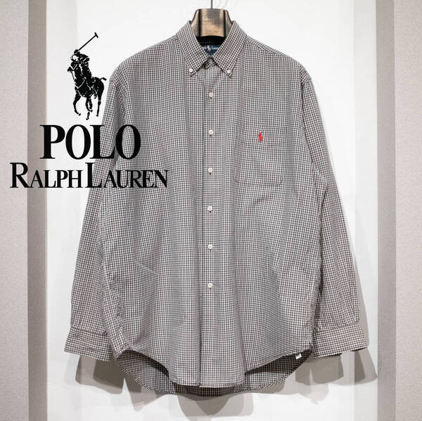 L / 90s POLO by RALPH LAUREN ラルフローレン MARLOWE 長袖 コットンシャツ チェック ブラウン グレー ポケット レッドポニー刺繍 古着