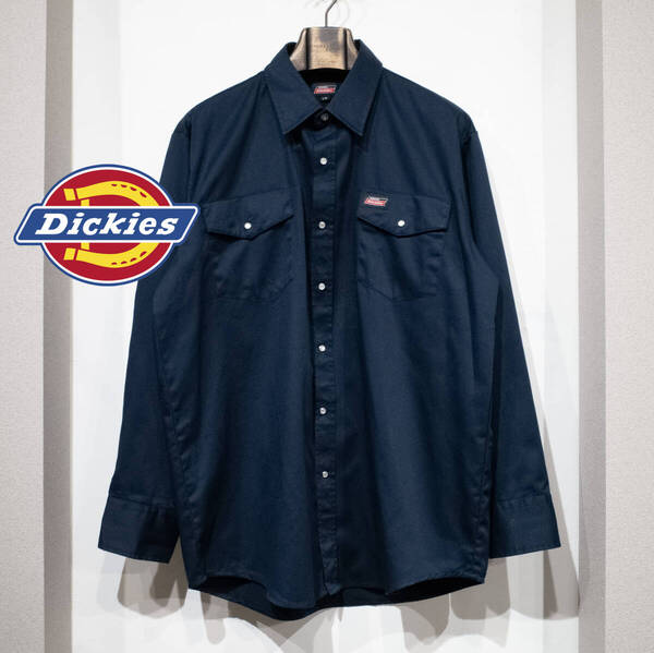 L / Dickies ディッキーズ 長袖 コットンツイル ワークシャツ スタップボタン ダブルポケット ダークネイビー 美品 古着 メンズ アメカジ