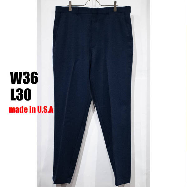 【USA製】W36L30 / 80s UNKNOWN ポリエステル VINTAGE スラックス パンツ ノータック ストレート ハイウエスト タロンジップ ネイビー 古着